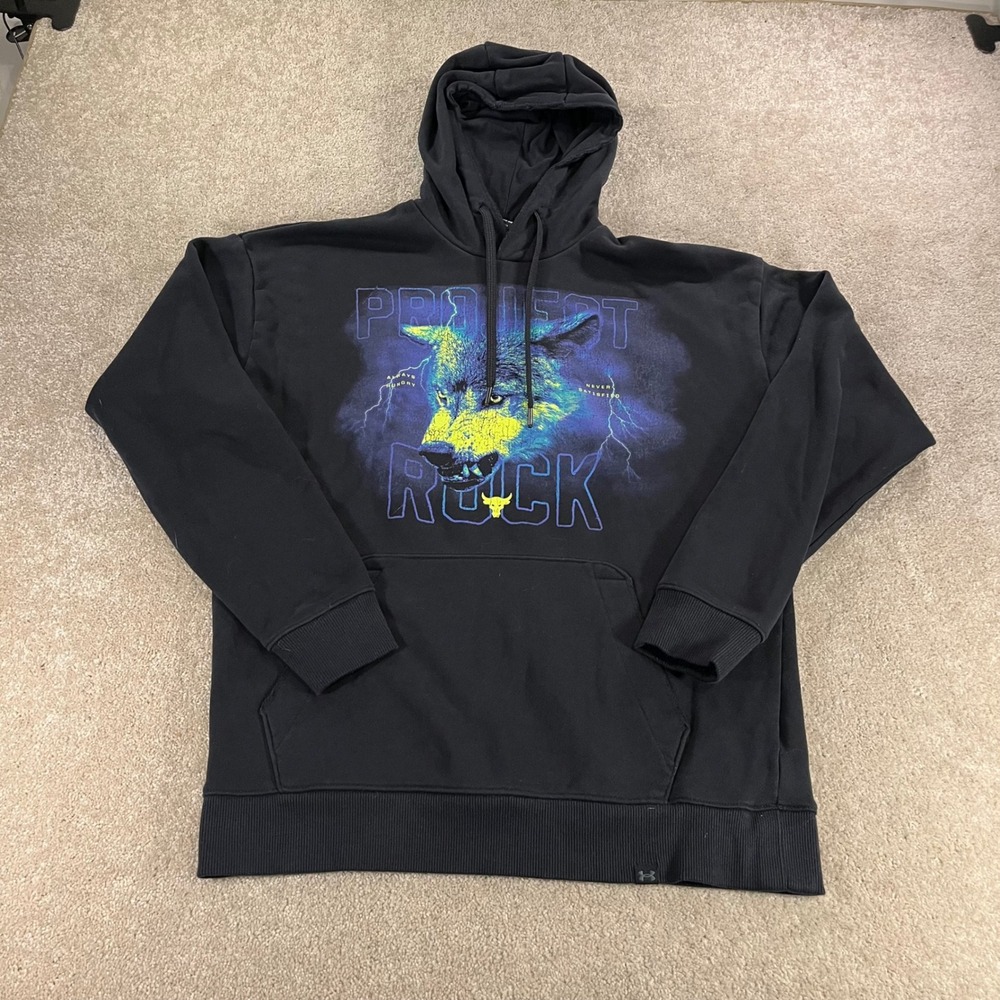 Under Armour Project Rock Hoodie Mens Medium Black Wolf Graphic Condition